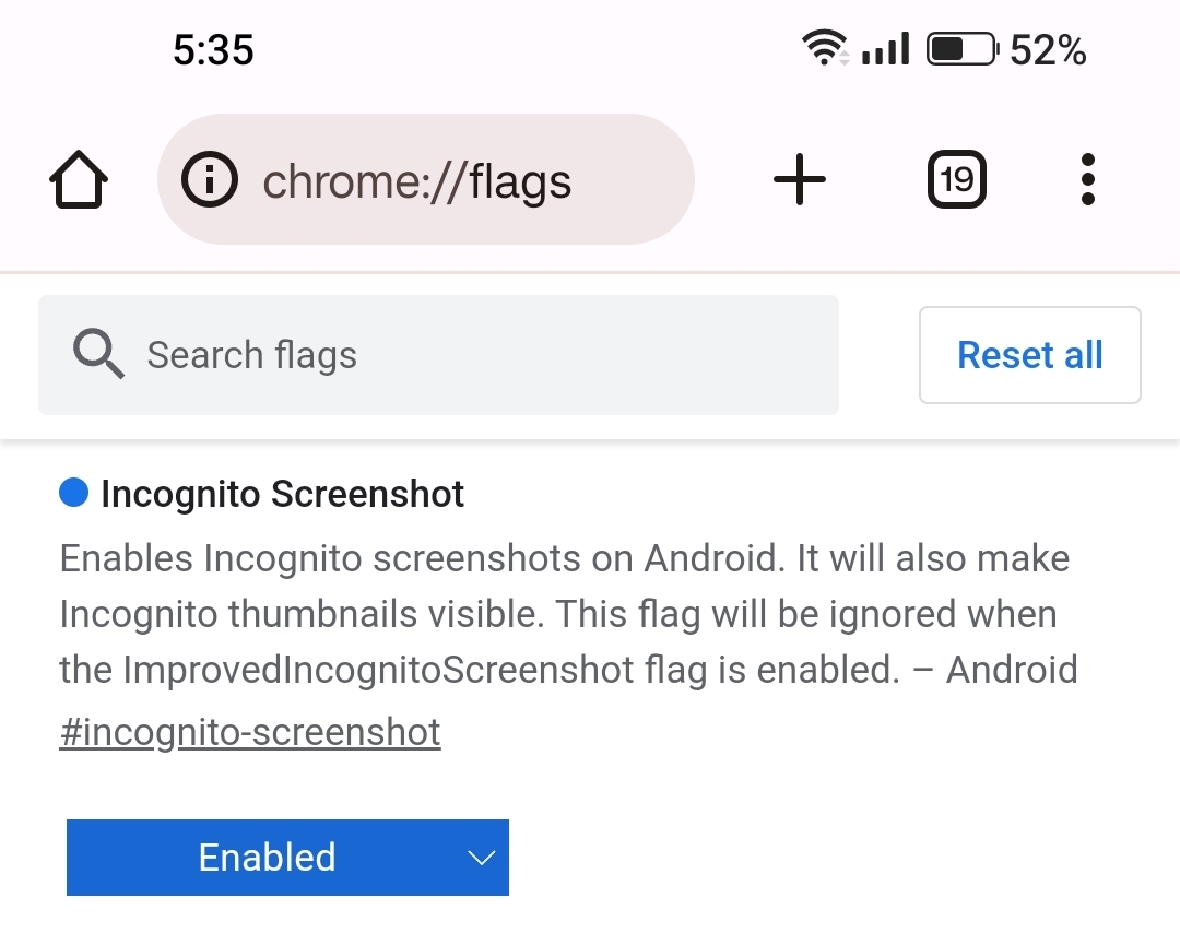 Incognito tab screenshots Chrome flag