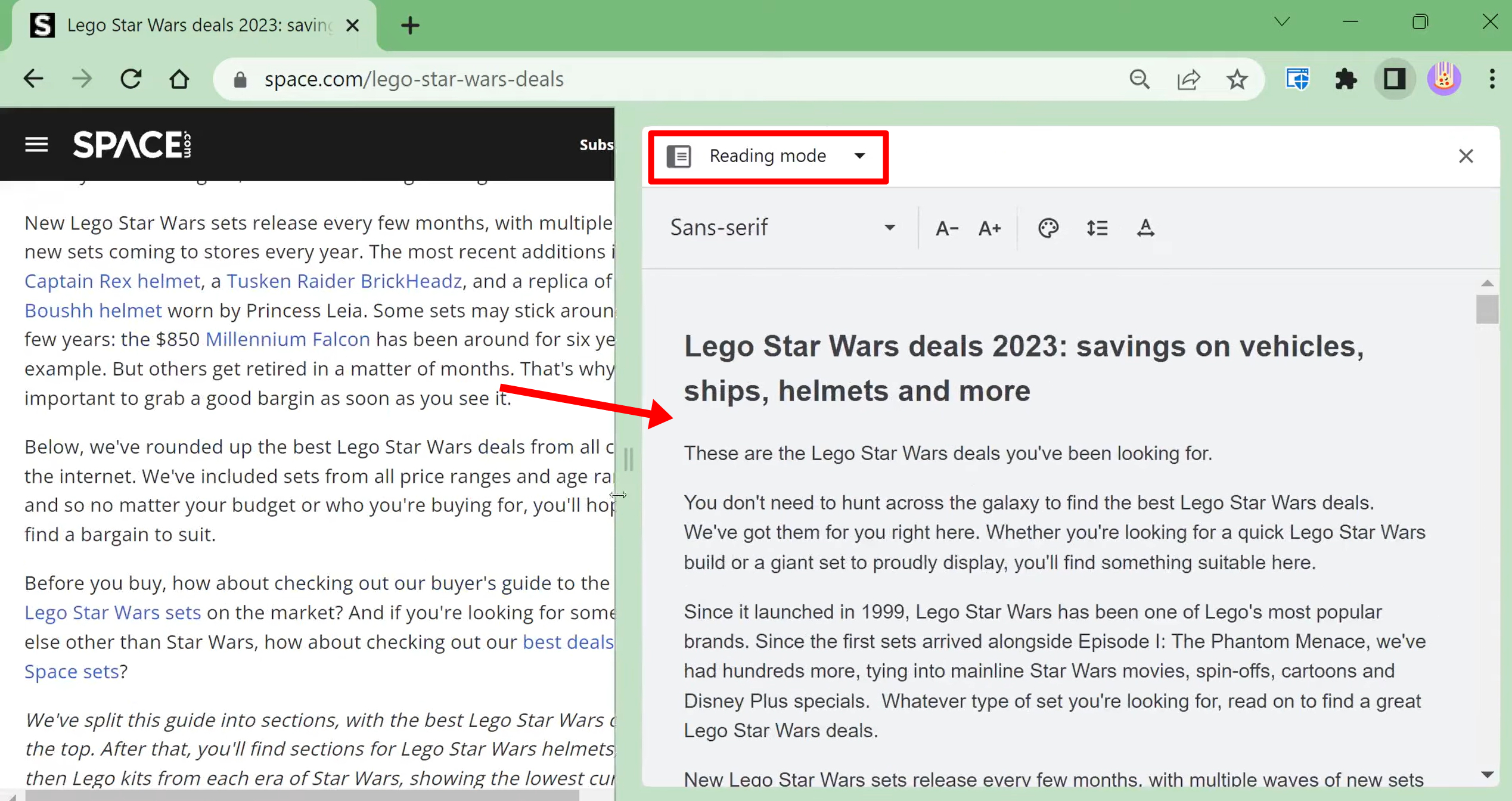 Reader mode Chrome flag