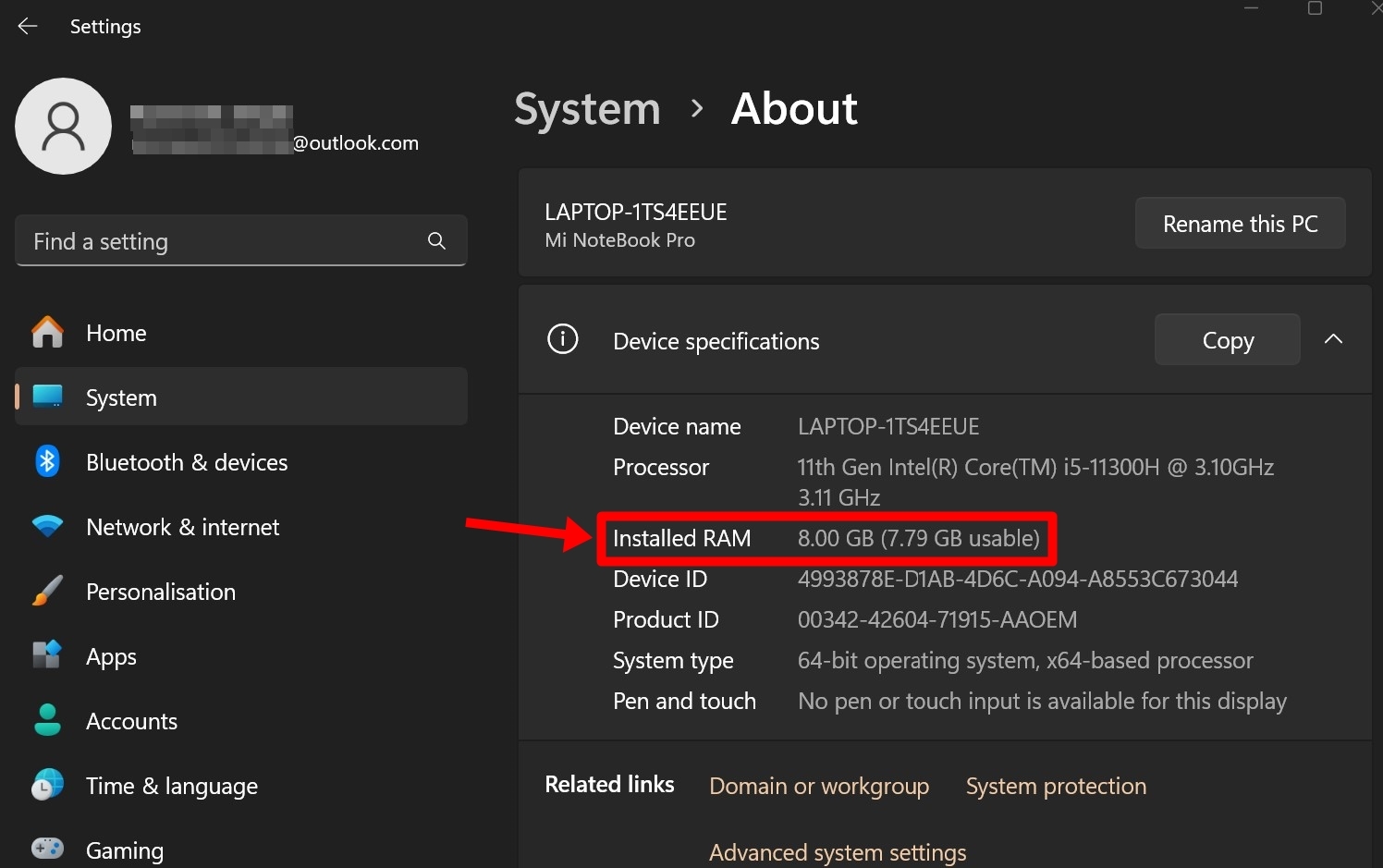 Check Windows laptop RAM using Start menu