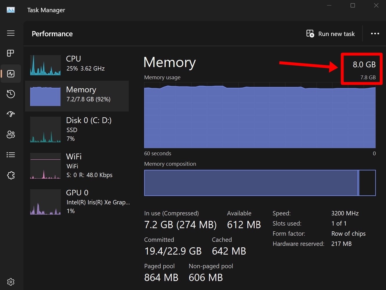 Check Windows laptop RAM using Task manager shortcut