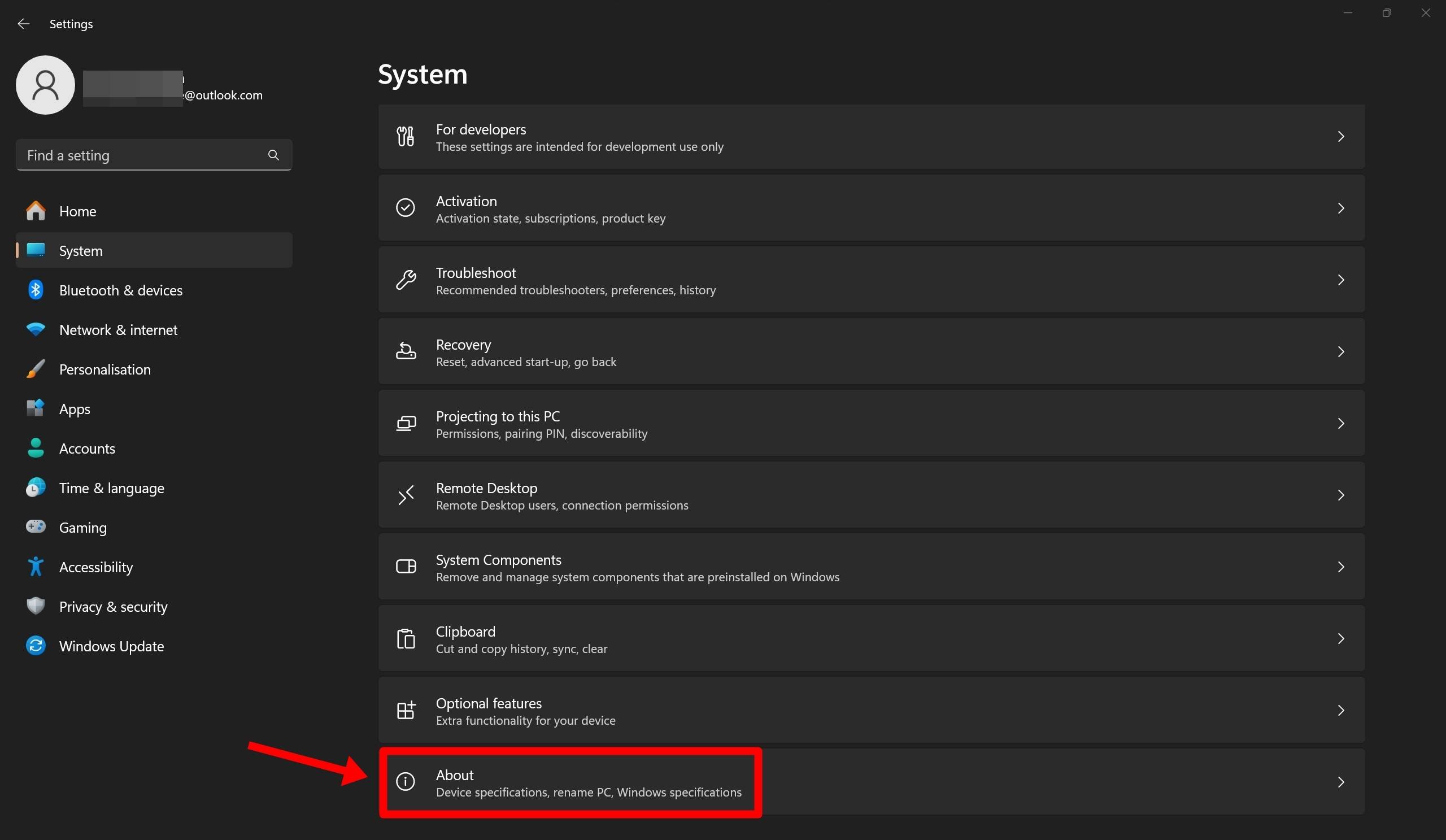 Check laptop configuration through Settings
