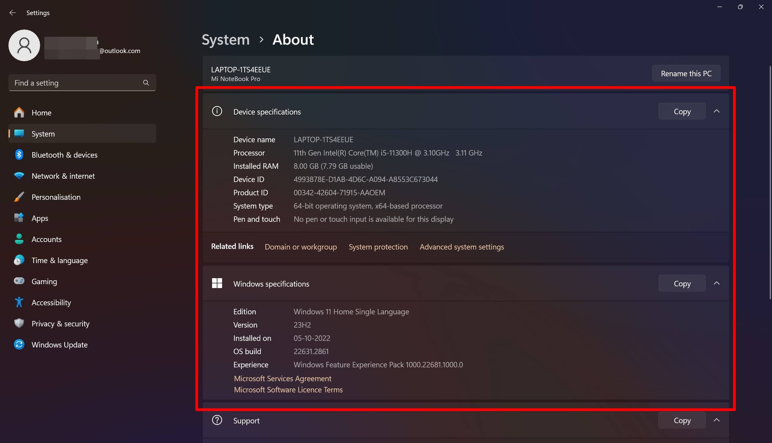 Check laptop configuration through Settings