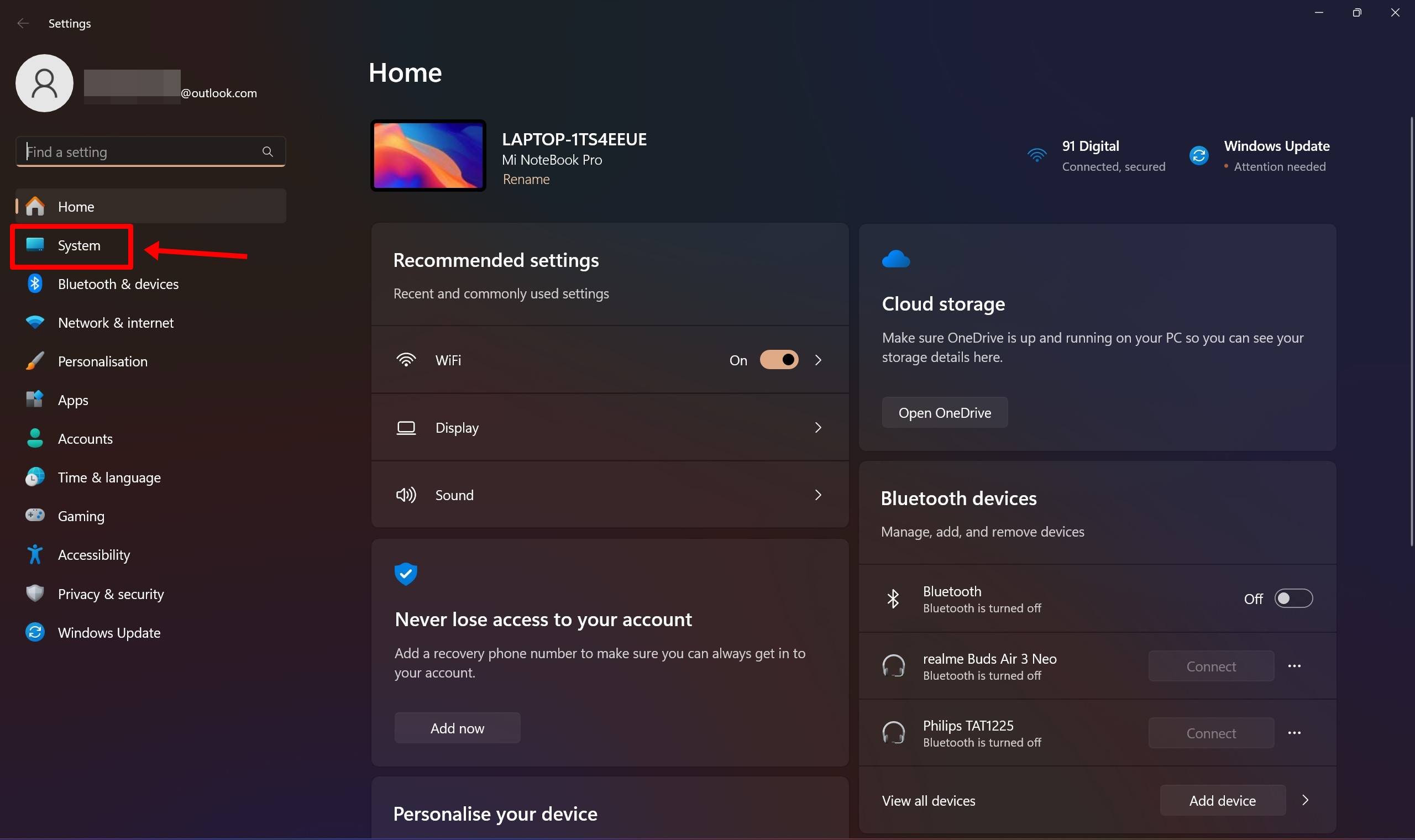 Check laptop configuration through Settings