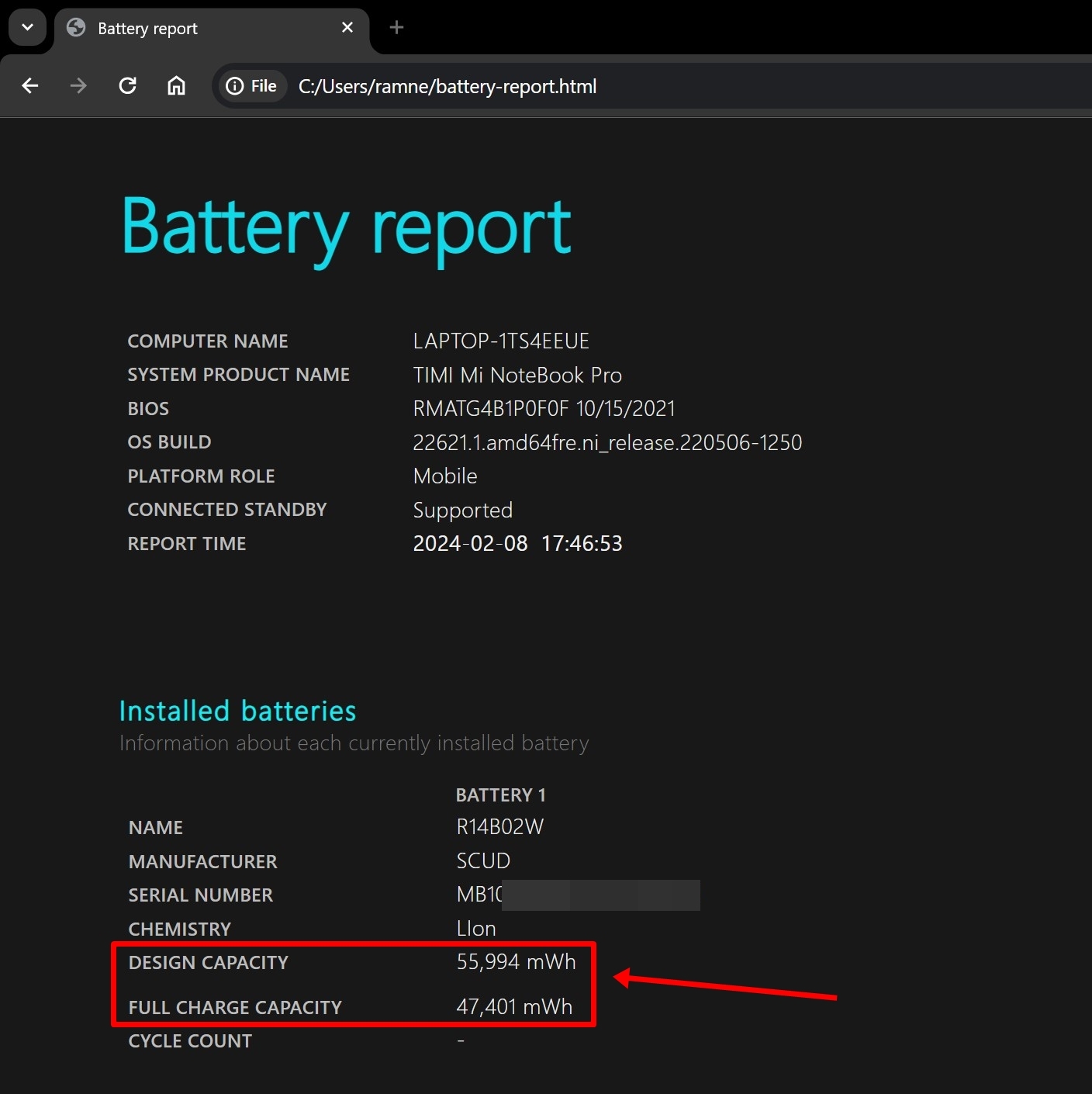 Check battery health on Windows laptop using Command Prompt