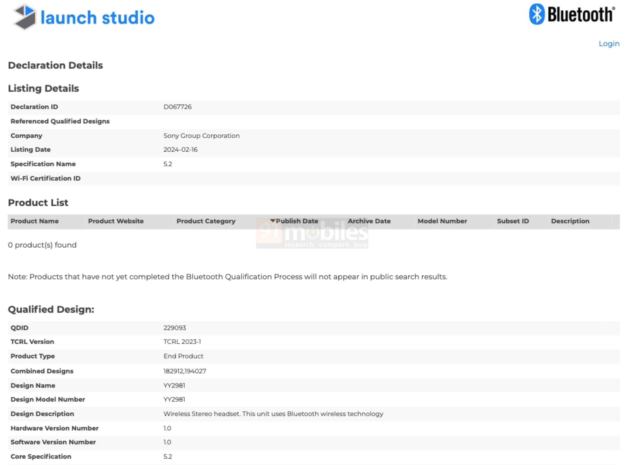 Sony WH-XB920N (YY2981) Bluetooth SIG