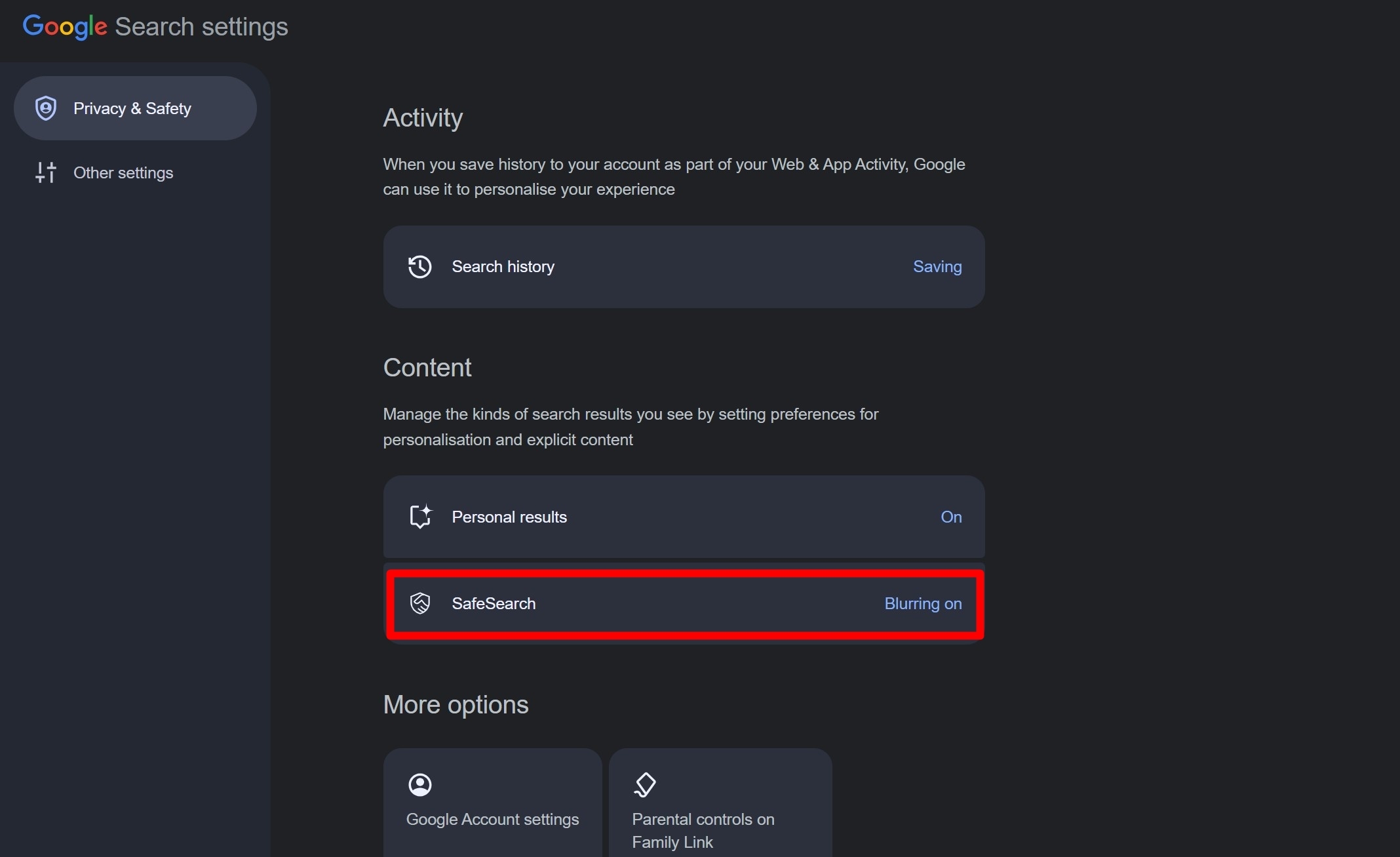 block websites using Google Search's SafeSearch feature