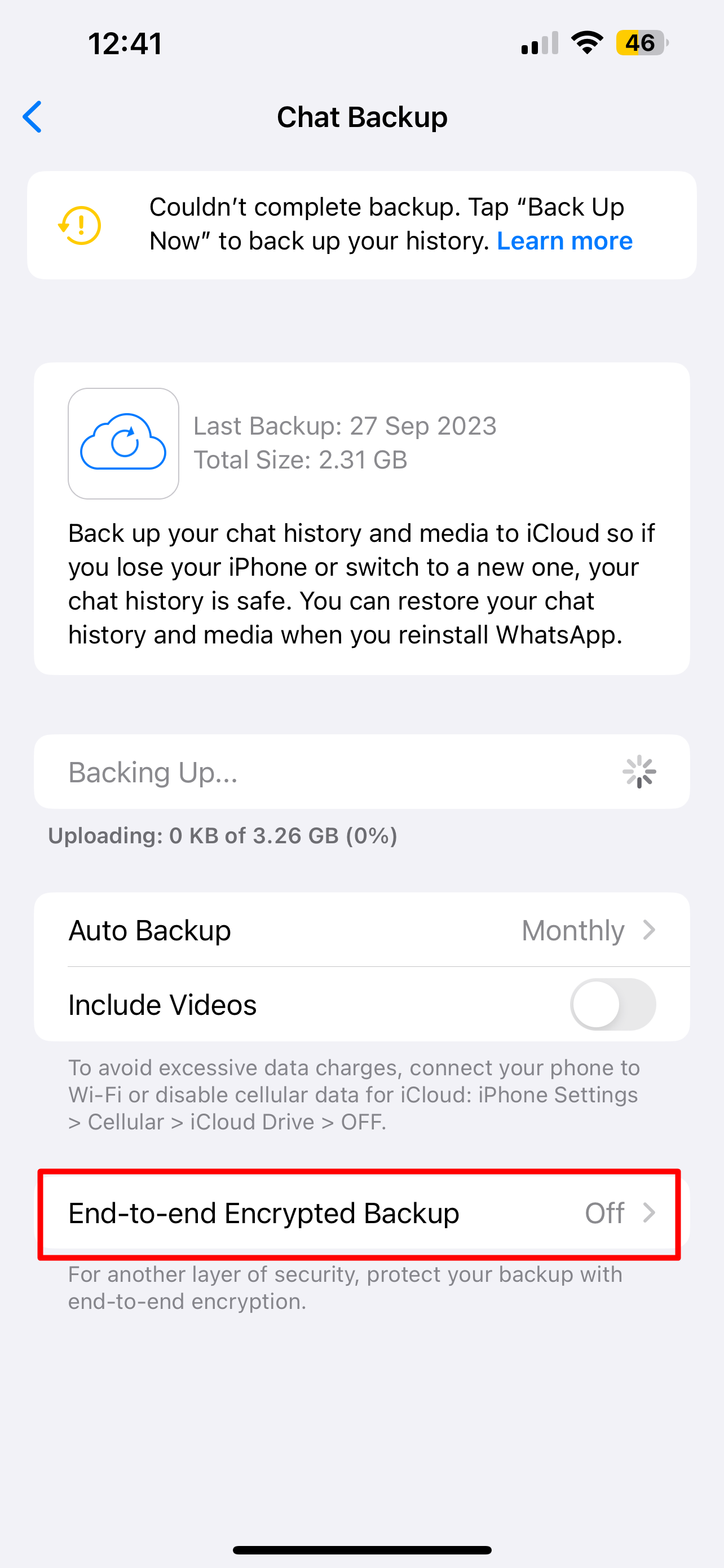 Enable or disable WhatsApp end-to-end encryption backup on iPhone