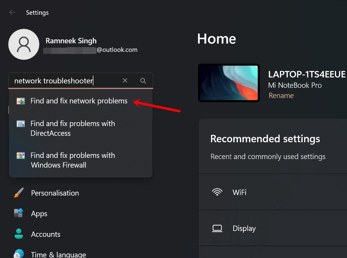 Run network troubleshooter to fix WiFi connection