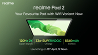 Realme Pad 2 Wi-Fi only variant to launch in India on April 15th Thumbnail