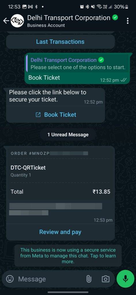 Đặt vé xe buýt DTC WhatsApp