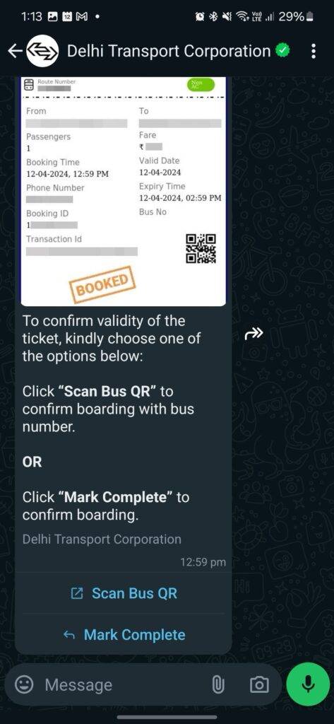 Đặt vé xe buýt DTC WhatsApp