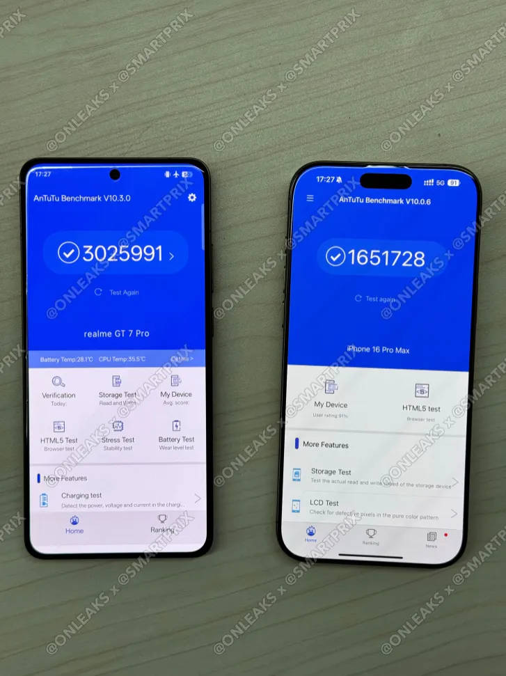 Realme GT 7 Pro with Snapdragon 8 Elite AnTuTu score vs A18 Pro