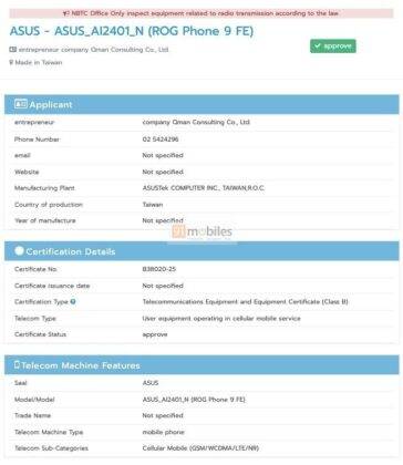 Asus ROG Phone 9 FE on NBTC Database