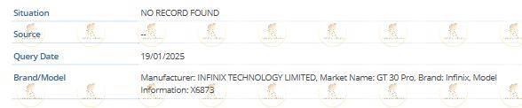 Infinix GT 30 Pro IMEI listing