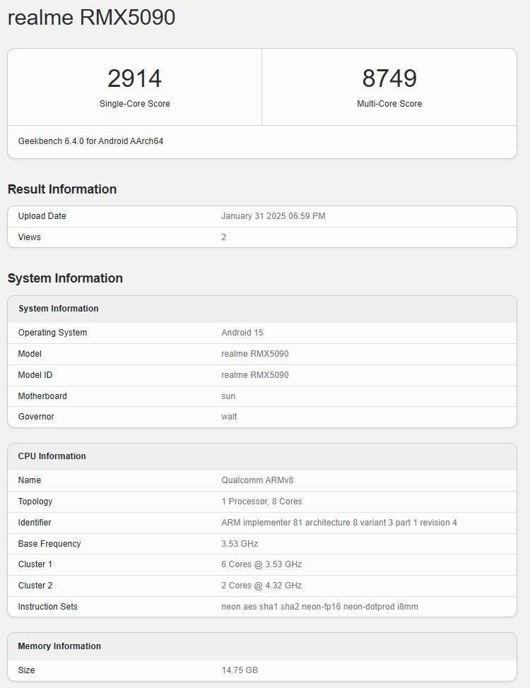 possible Realme GT 7 Geekbench